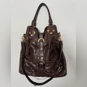 Badgley Mischka Brown Leather Large Shopper Tote  Handbag Rolled Double Handles